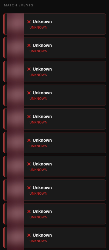 แผง Match Events จาก Gate Scan app แสดงสถานะ Unknown จากการประมวลผลกล้อง โดยภาพใบหน้าถูกปิดบัง